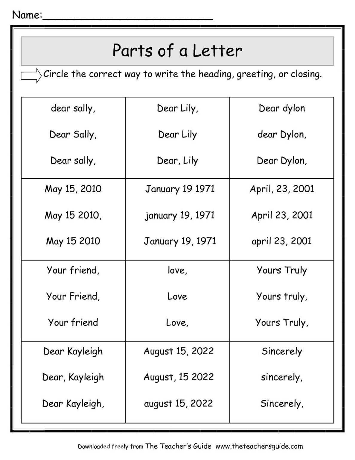 Parts Of A Friendly Letter Worksheet Friendly Letter For Letter 