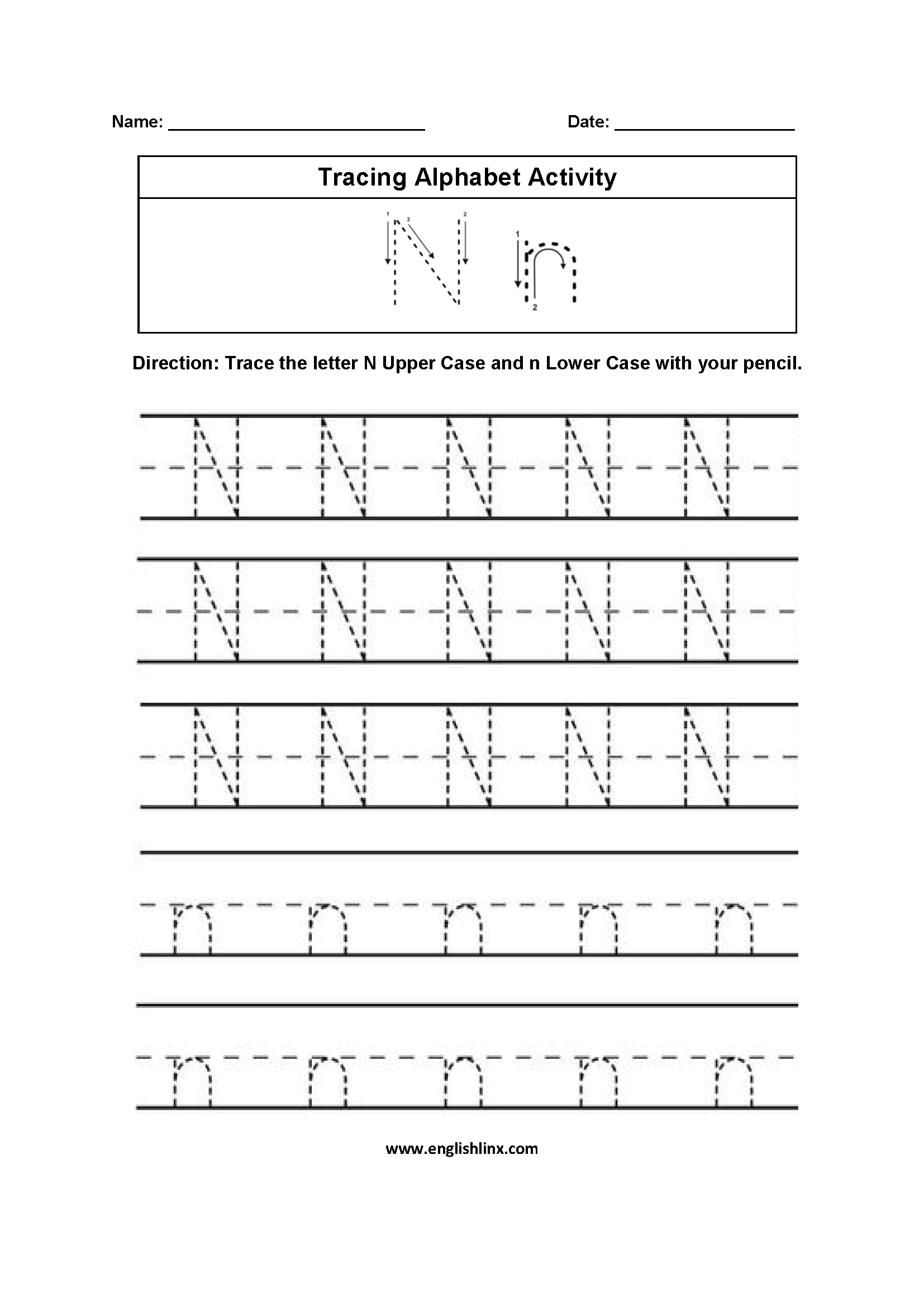 Letter N Tracing Worksheet AlphabetWorksheetsFree