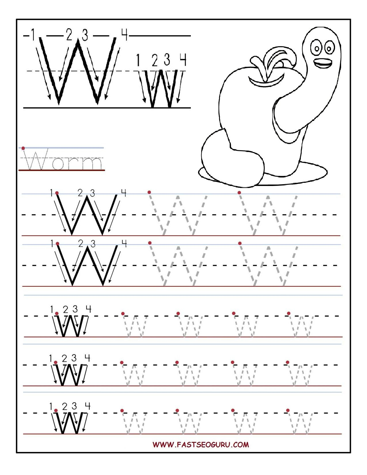 Printable Letter W Tracing Worksheets For Preschool in W Letter Tracing