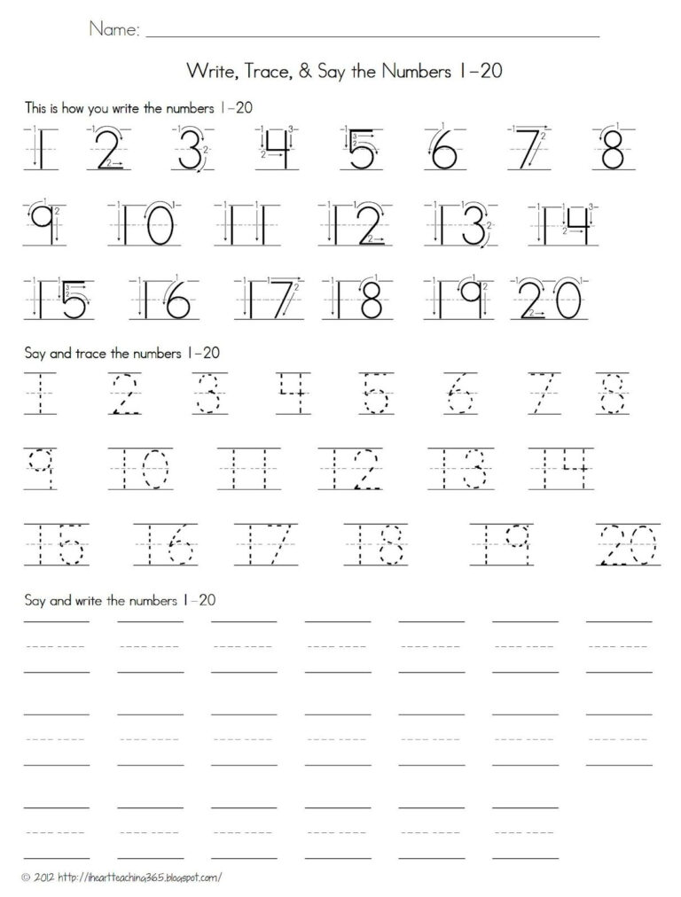 Tracing Numbers 120 With Directional Arrows. Writing