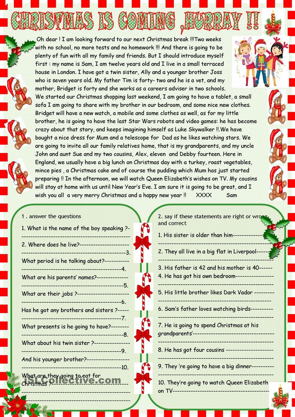 Esl Christmas Reading Comprehension Worksheets Intermediate 