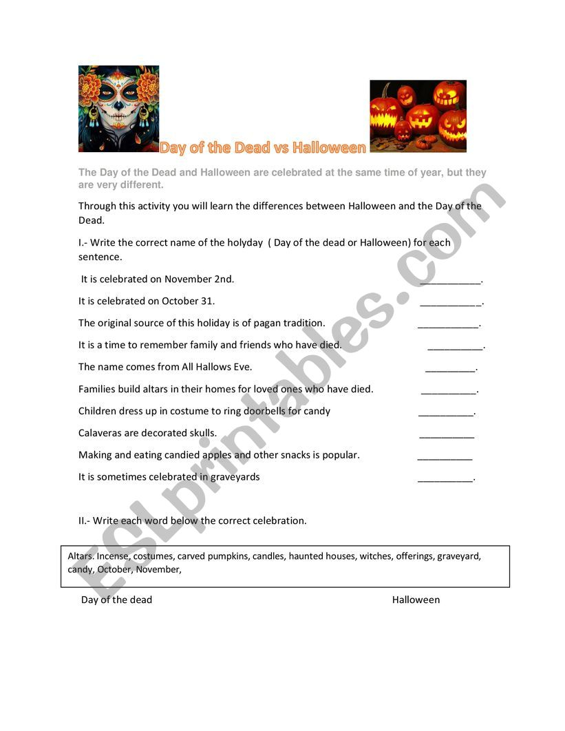 Day Of The Dead Vs Halloween - Esl Worksheetmarquezelena