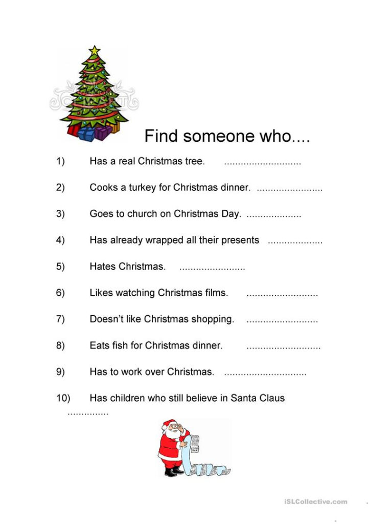 Find Someone Who + Christmas   English Esl Worksheets For