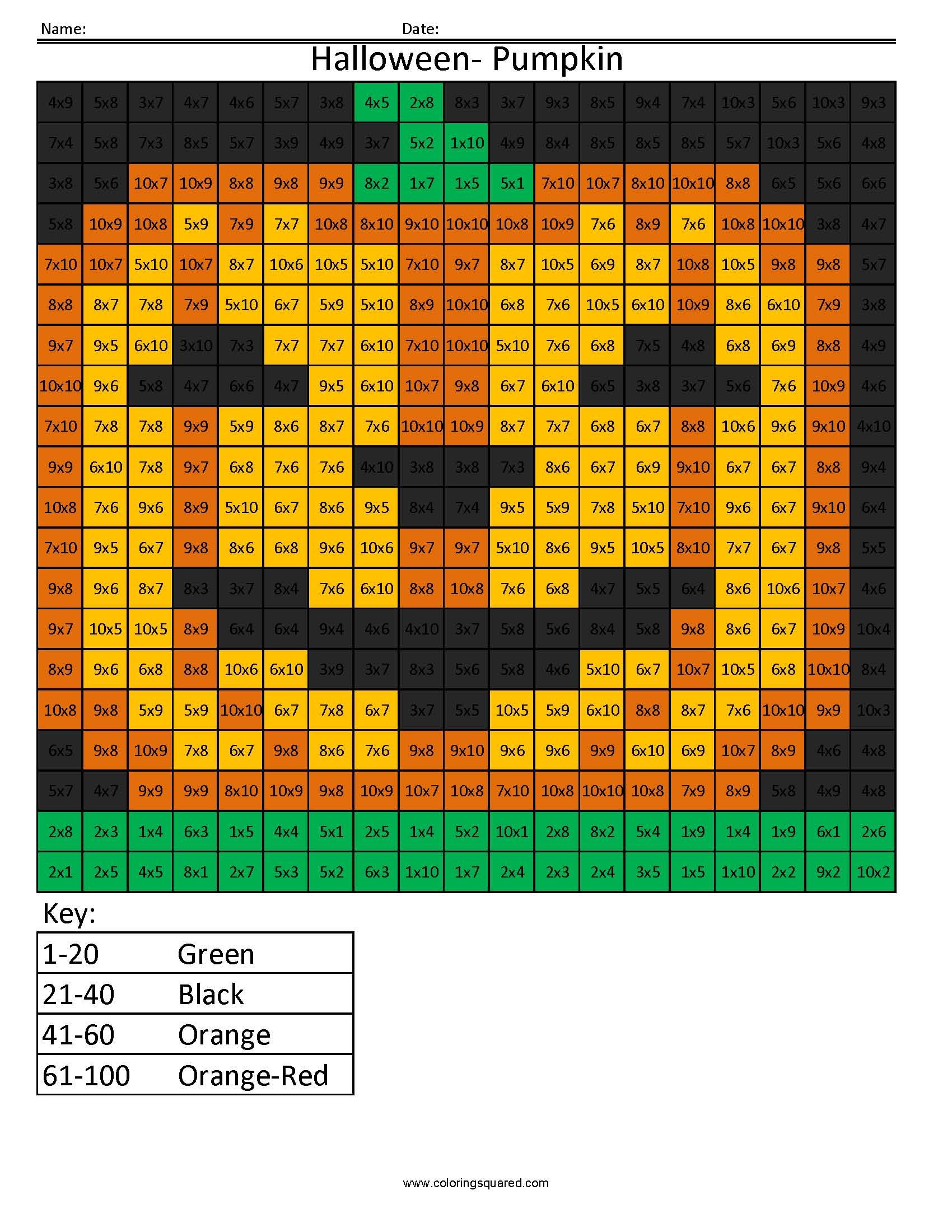 Halloween Multiplication Color By Number Worksheets