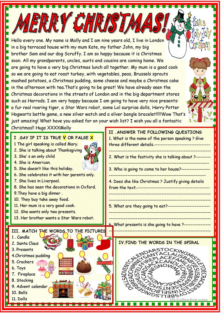 Esl Christmas Reading Comprehension Worksheets Intermediate 