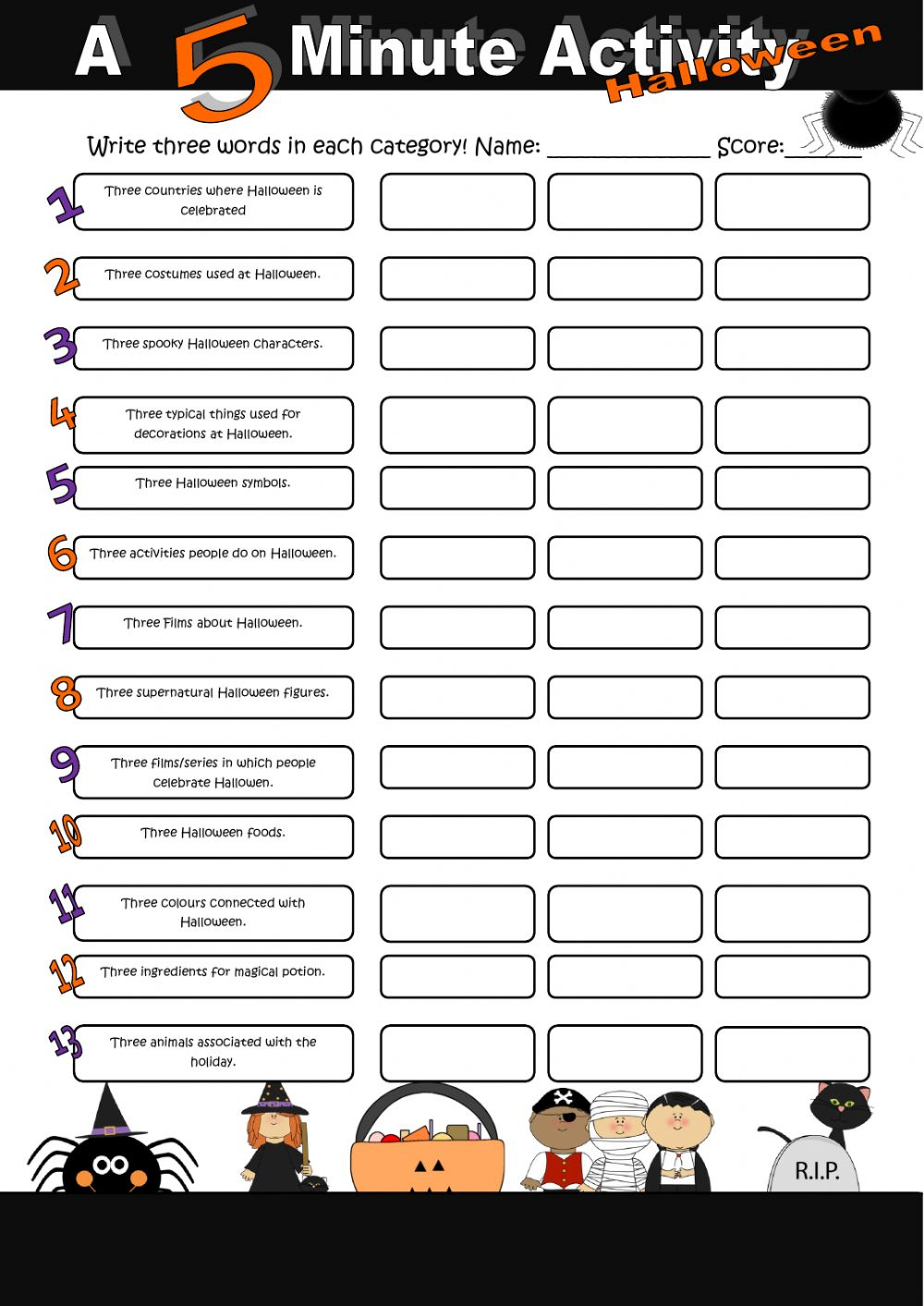 Name Three- Halloween Edition Worksheet