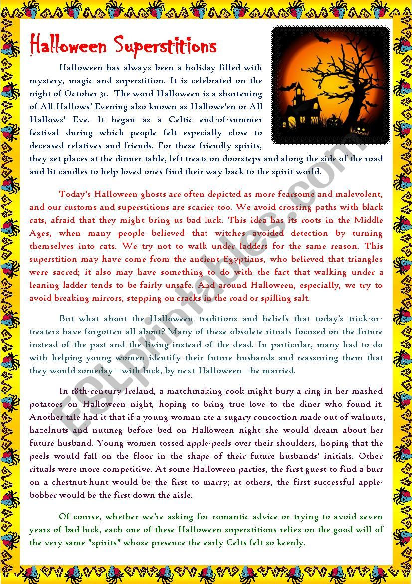 Reading Articles - Halloween Superstitions - Esl Worksheet