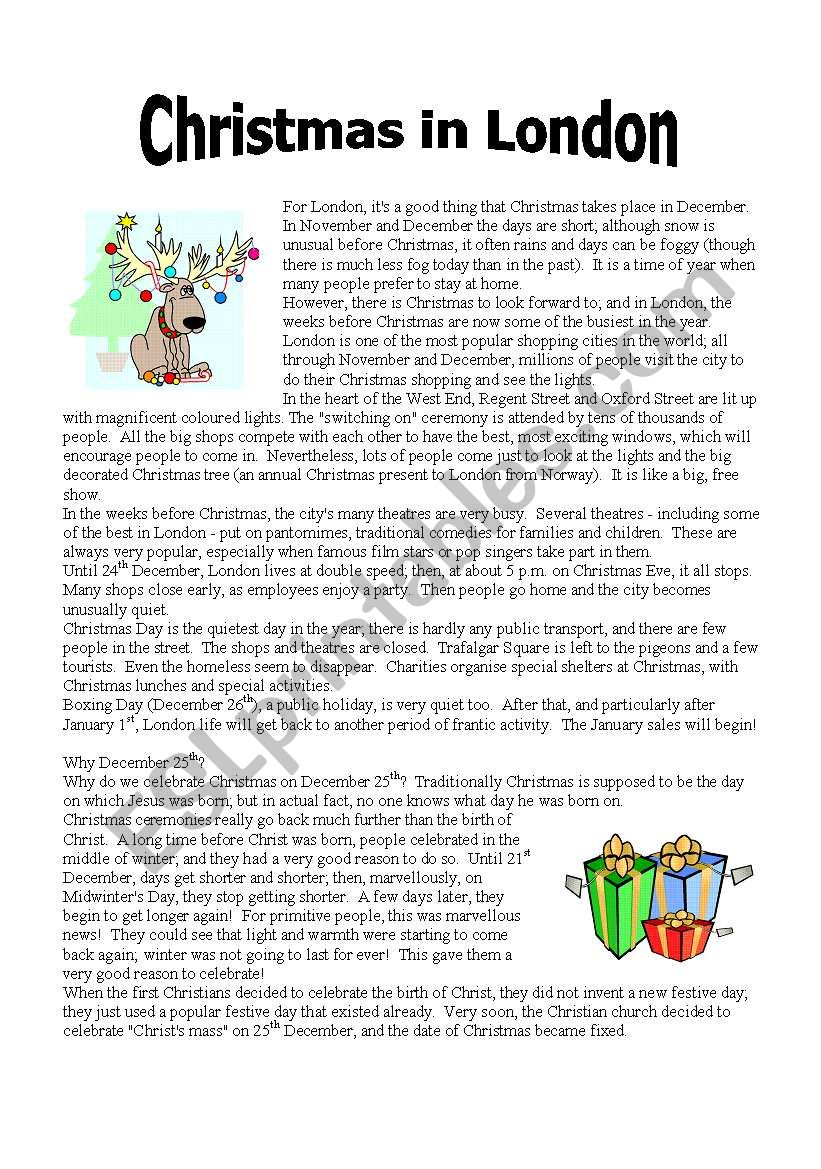 Esl Christmas Reading Comprehension Worksheets Intermediate 