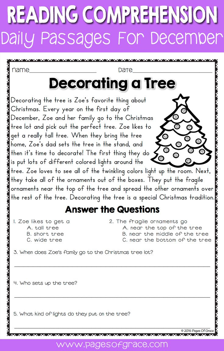Third Grade Christmas Reading Comprehension Worksheets 