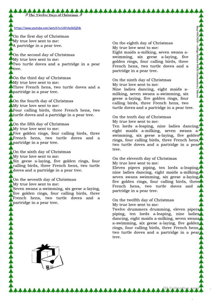 The Twelve Days Of Christmas ( Lyrics) - English Esl | AlphabetWorksheetsFree.com