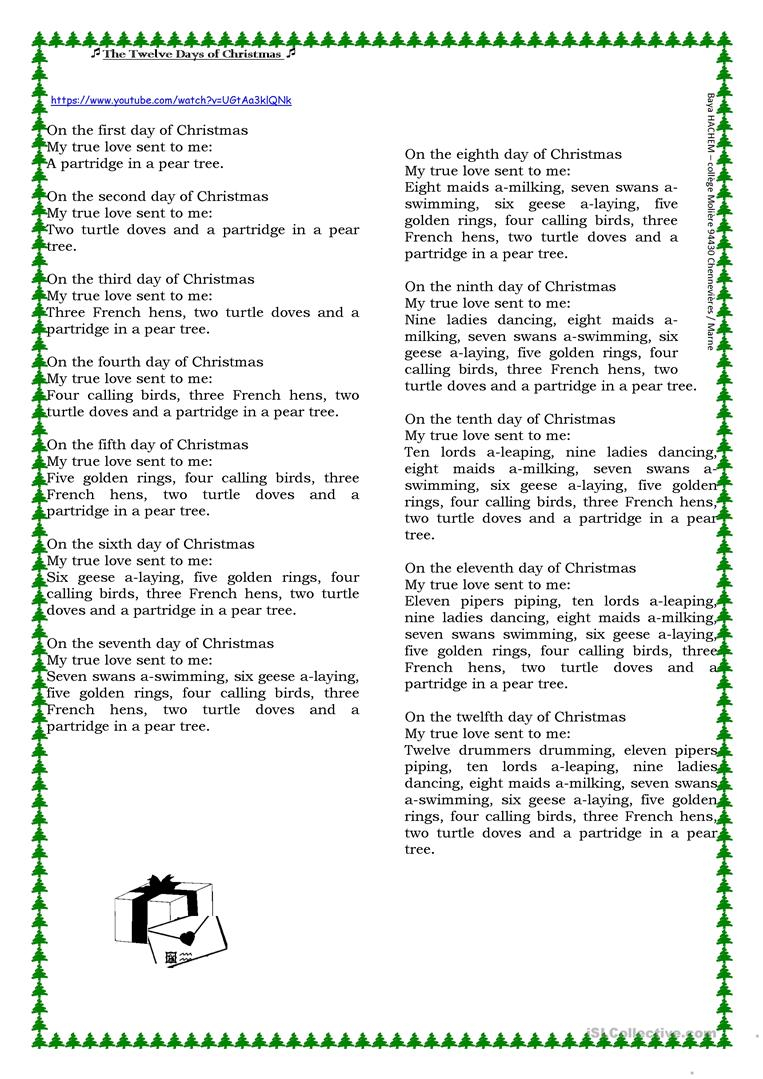 Lyrics To The Twelve Days Of Christmas Printable