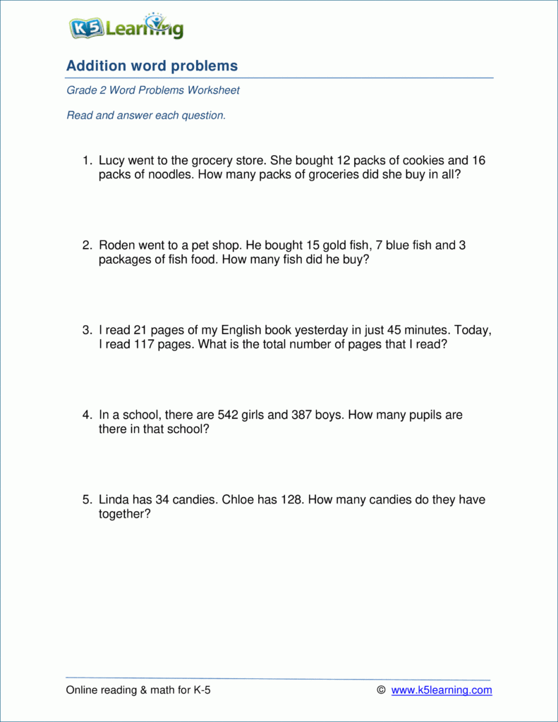 Grade 2 Word Problems Worksheet On Addition Of 1 3 Digit