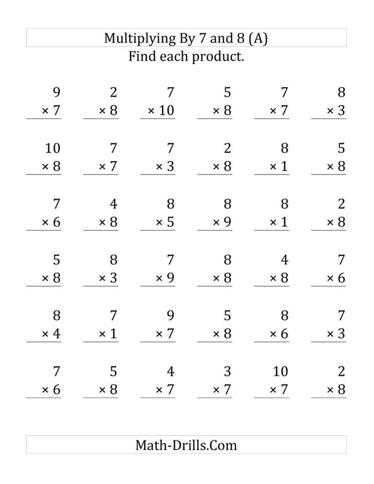 Multiplying (1 To 10)(7 And 8) (36 Questions Per Page) (A ...