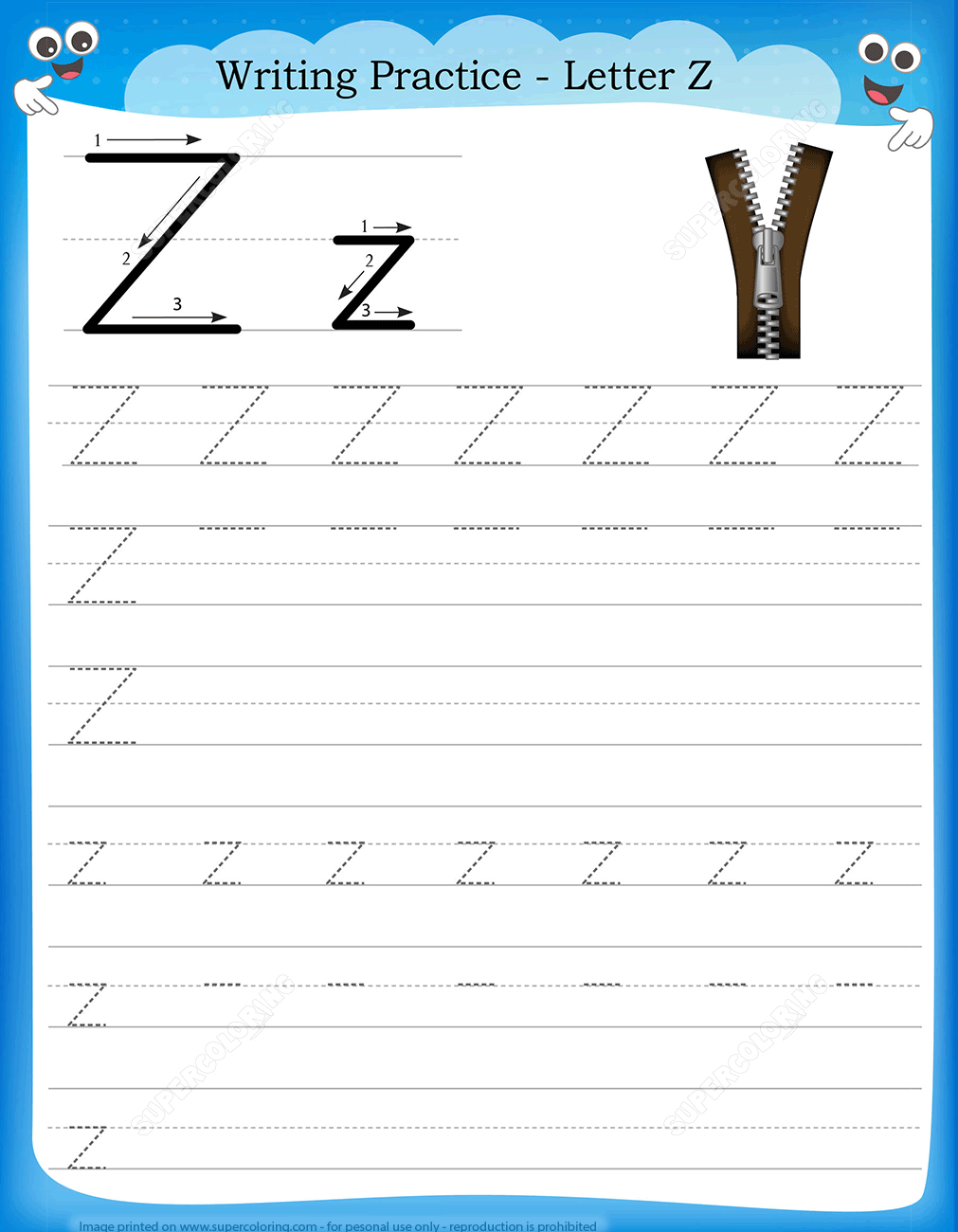 Letter Z Is For Zipper Handwriting Practice Worksheet 