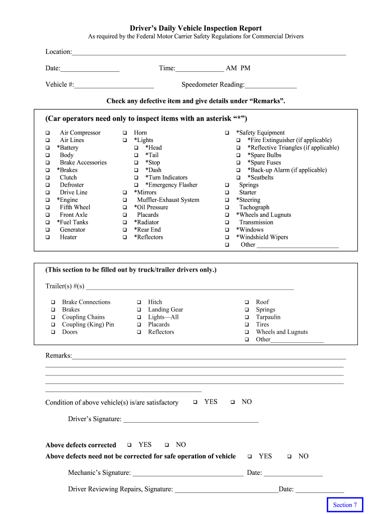 Printable Driver Vehicle Inspection Report Form Fill 