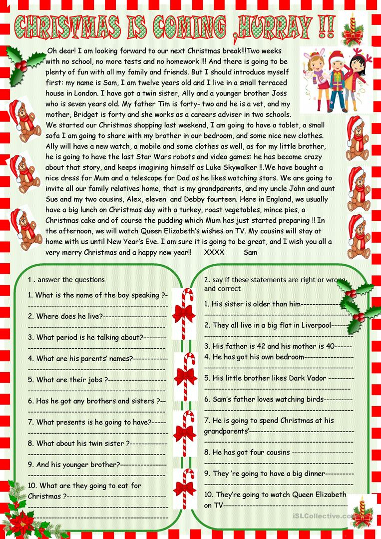 Christmas Is Coming Reading Comprehension Worksheet