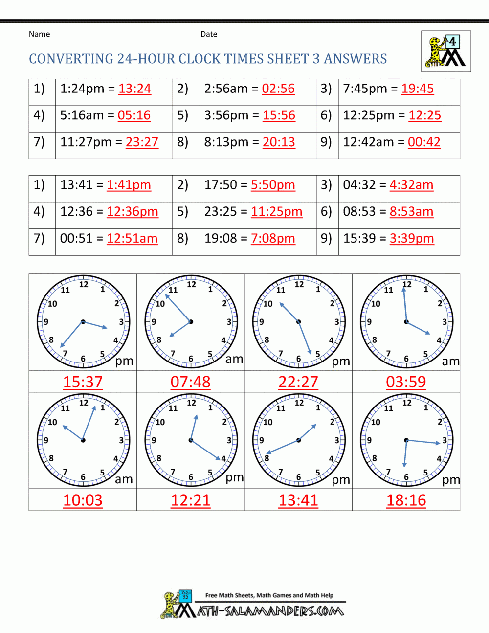 Converting 24 hour Clock Sheet 3 Answers 24 Hour Clock 