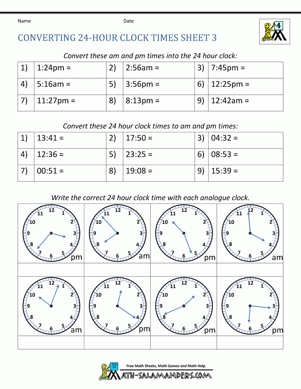 Converting 24 hour Clock Times Sheet 3 In 2020 24 Hour 