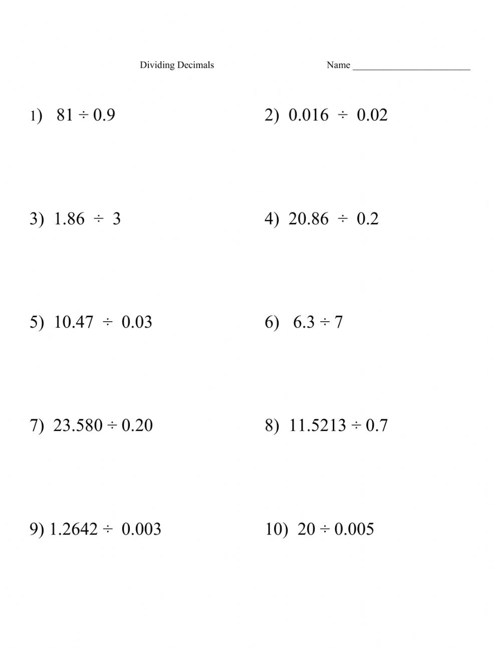 Decimal Dividing Decimals By Decimals Worksheet