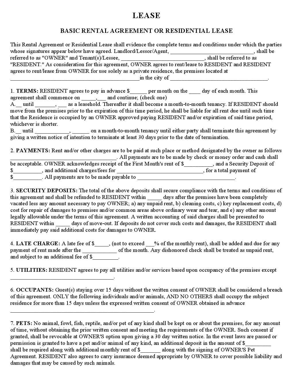 Download Free Basic Rental Agreement Or Residential Lease 