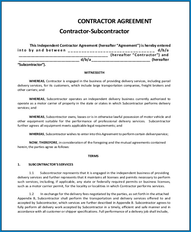 Free Printable Contractor Agreement Template ZiTemplate