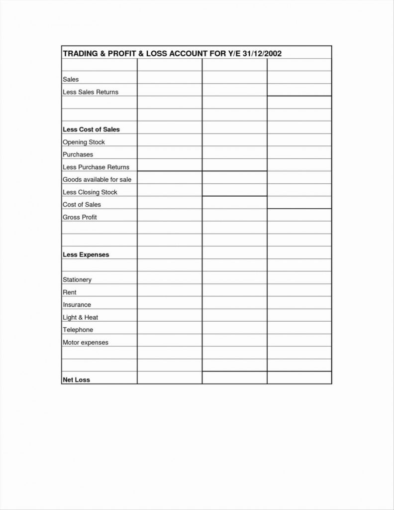 Free Simple Profit Loss Blank Worksheet Printable