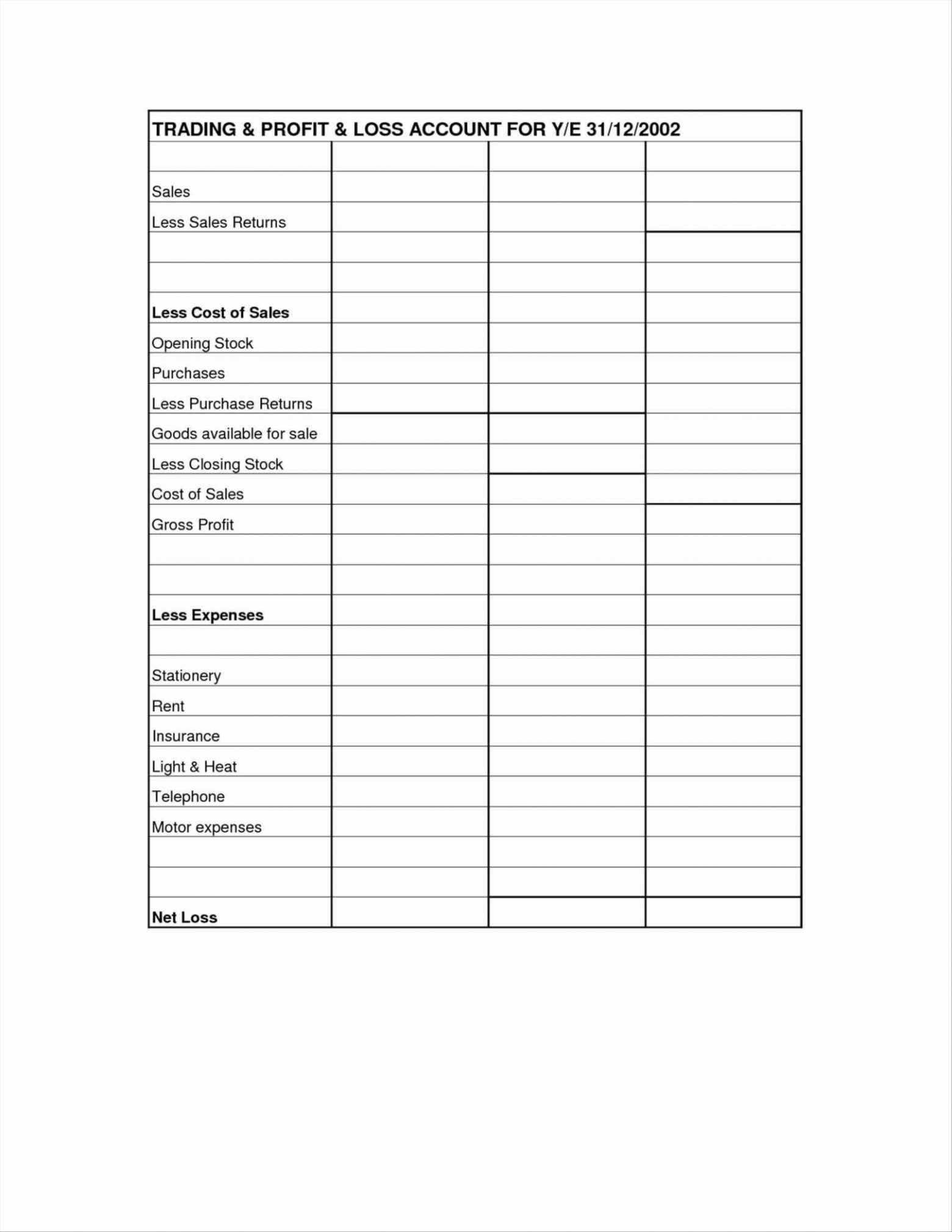 Free Simple Profit Loss Blank Worksheet Printable 