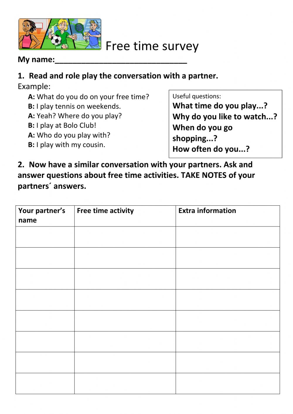 Free Time Activities Survey Worksheet