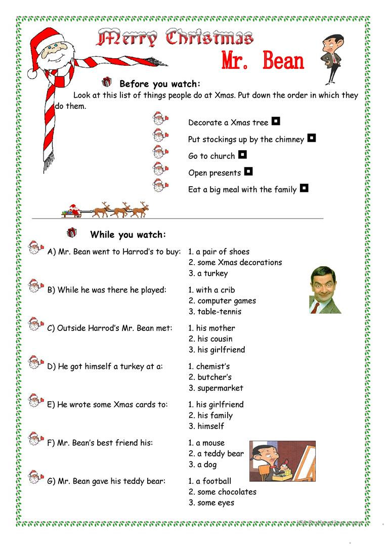 Mr Bean Merry Xmas English ESL Worksheets For Distance