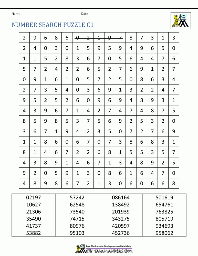 Number Search Worksheets