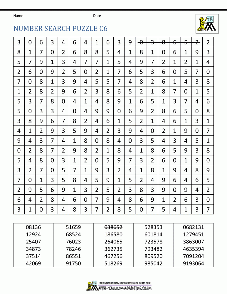 Number Search Worksheets