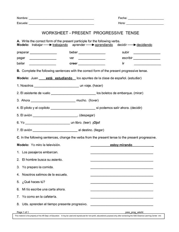 Spanish Progressive Worksheets Spanish Worksheets 