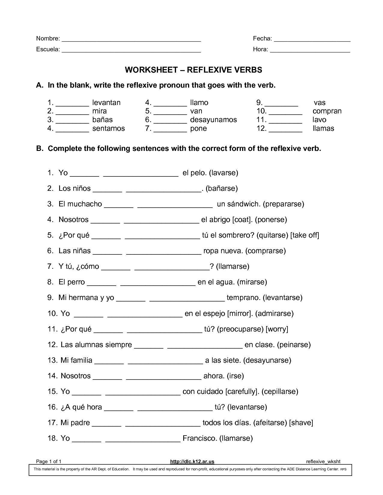 Spanish Reflexive Verbs Worksheet Spanish Reflexive 