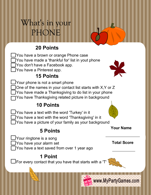 What s In Your Phone Free Printable Thanksgiving Game For 