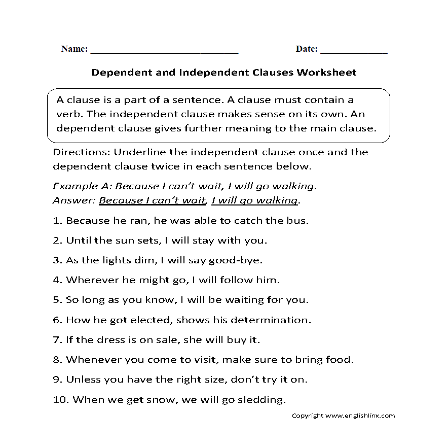 Clauses Worksheets Dependent And Independent Clauses 