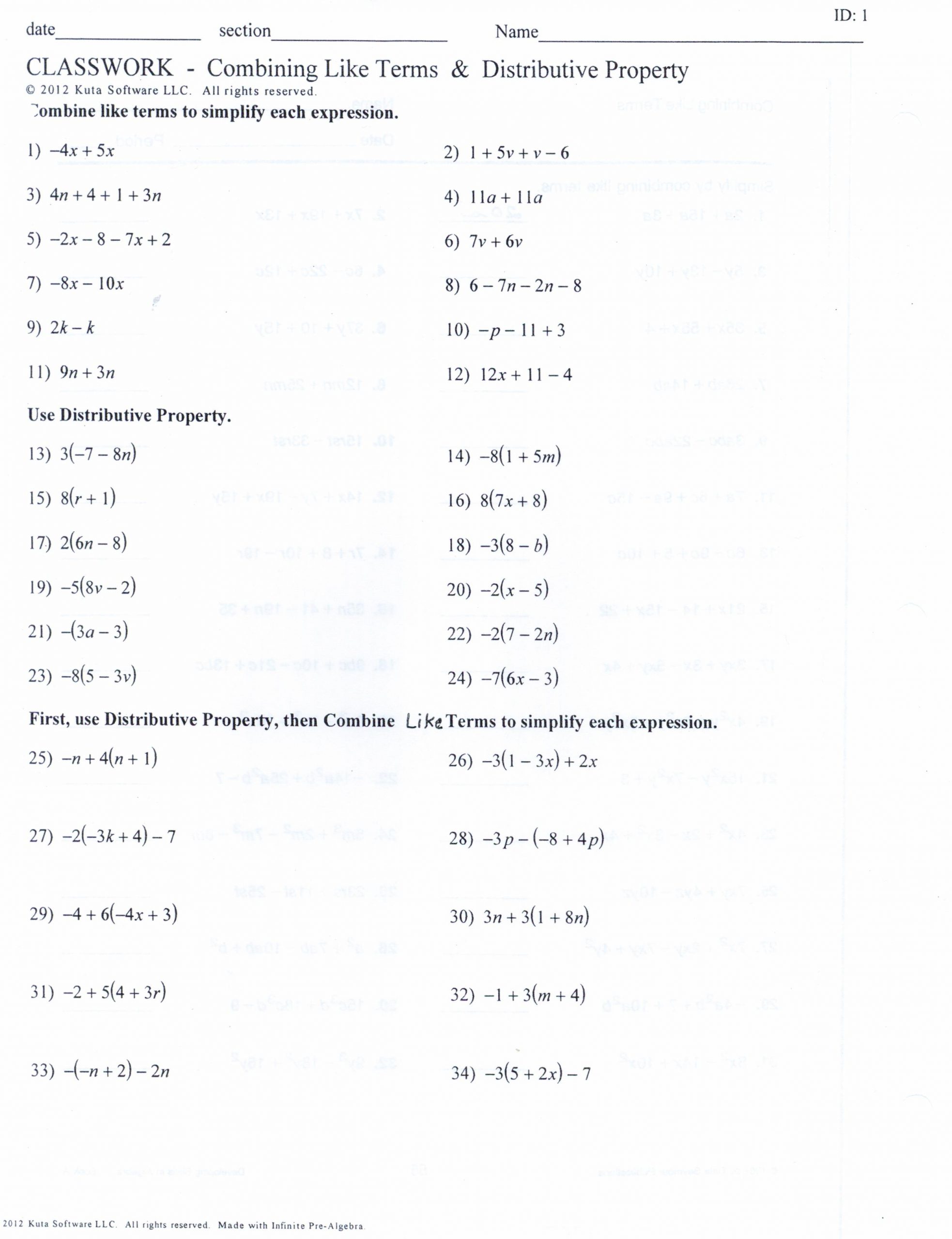 Combining Like Terms Printable Worksheets Printable 