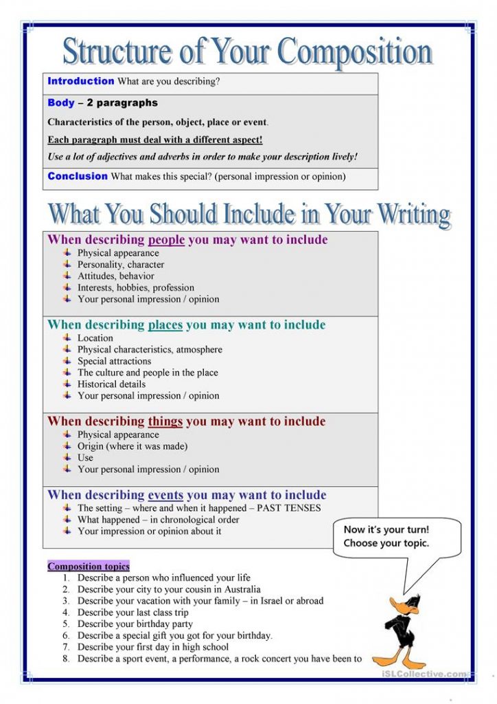 Descriptive Writing English ESL Worksheets For Distance