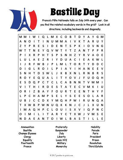 Free Printable Bastille Day Word Search Bastille Day 