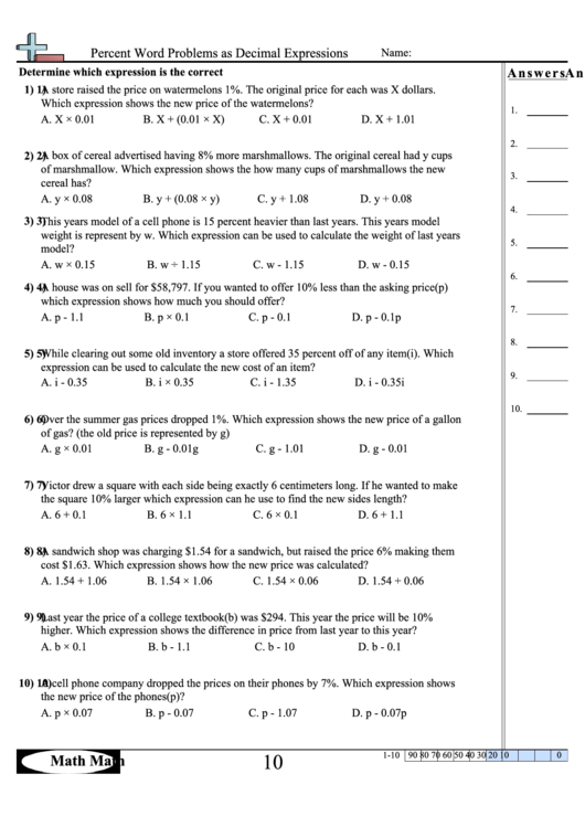 Percent Word Problems As Decimal Expressions Worksheet 