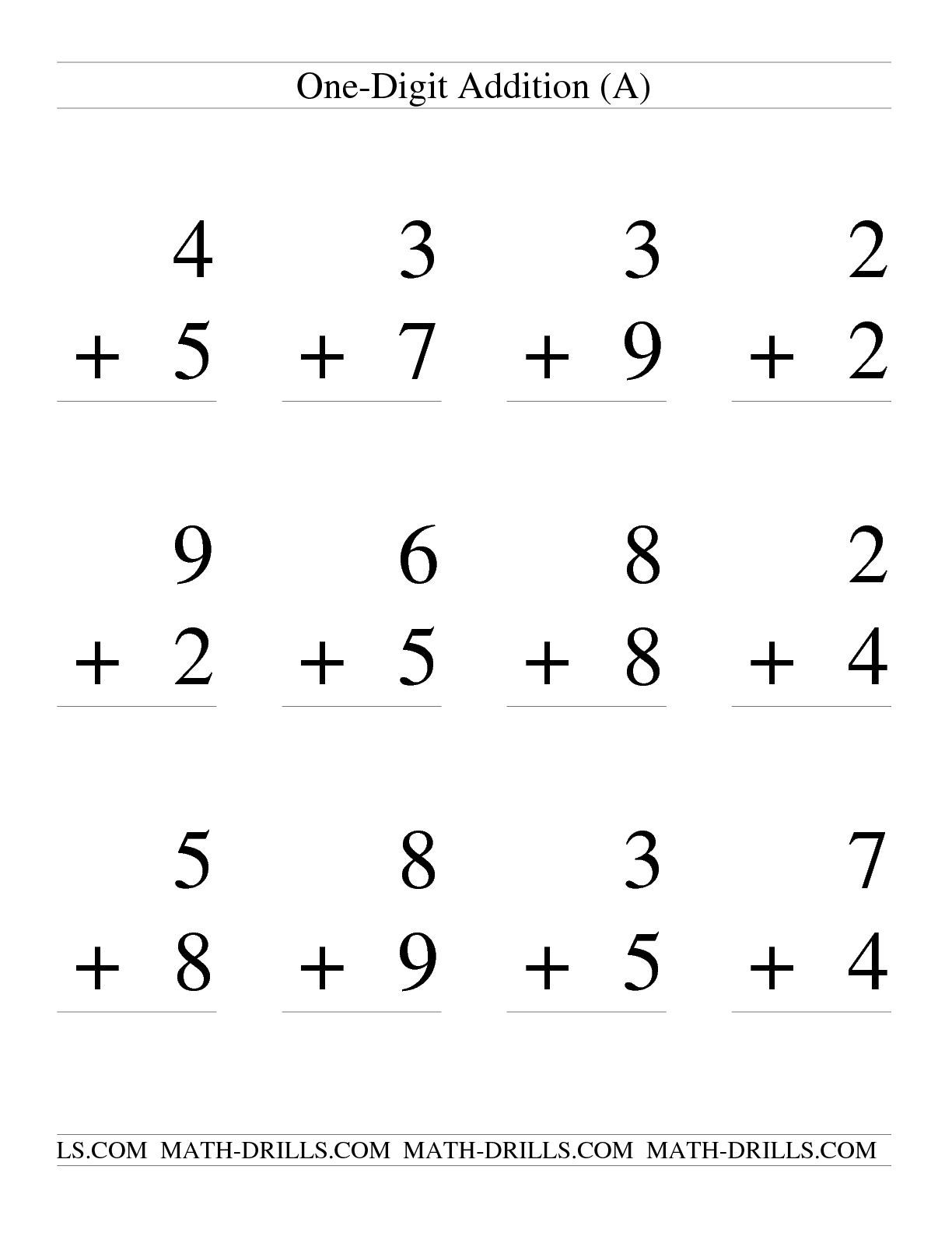 Single Digit Addition Some Regrouping 12 Per Page A 