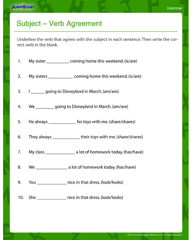 Subject Verb Agreement Printable For 3rd Grade JumpStart