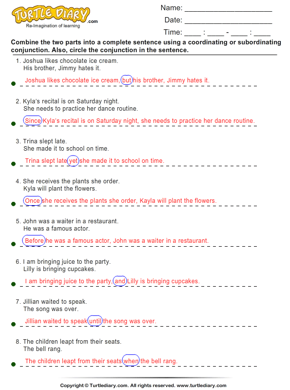 Subordinating Conjunctions Worksheets With Answers 