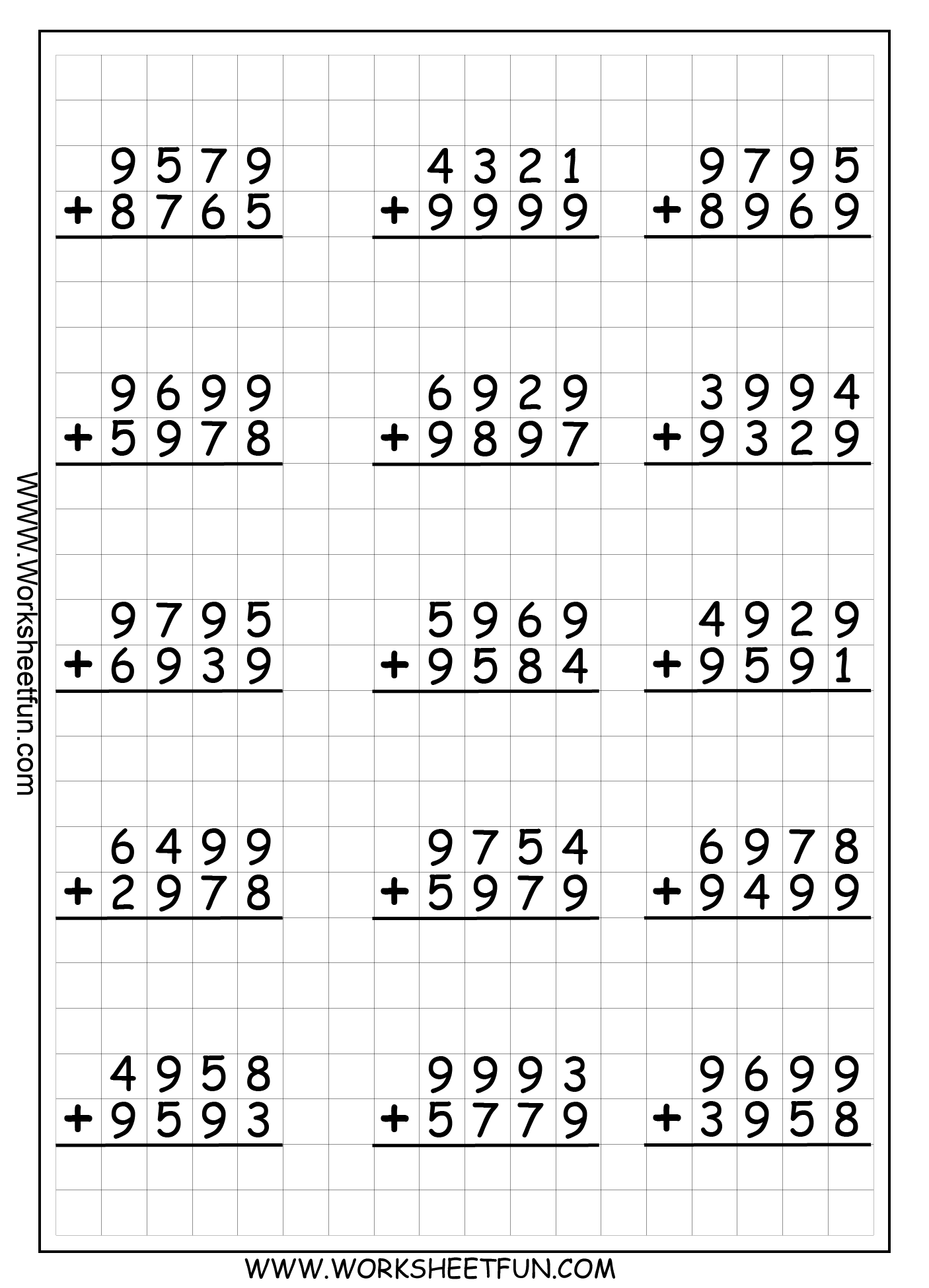 4 Digit Addition With Regrouping Carrying 9 Worksheets