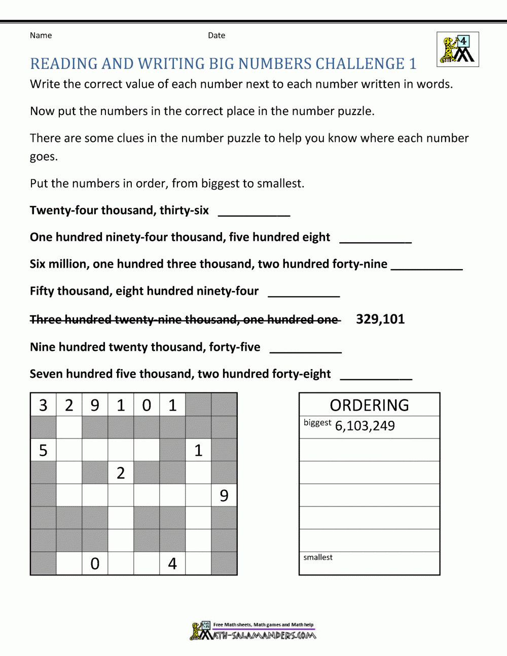 4th Grade Math Worksheets Reading Writing And Rounding