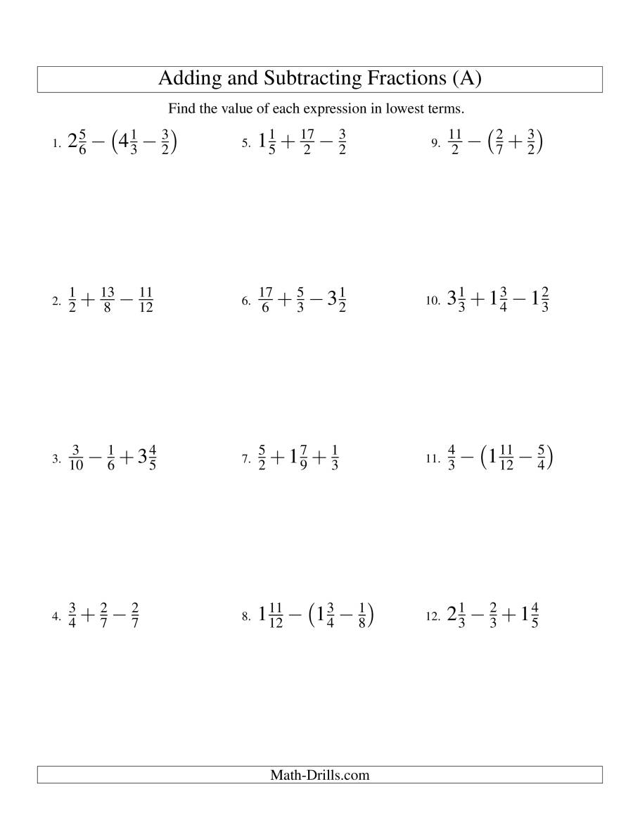 Adding And Subtracting Fractions With Unlike Denominators