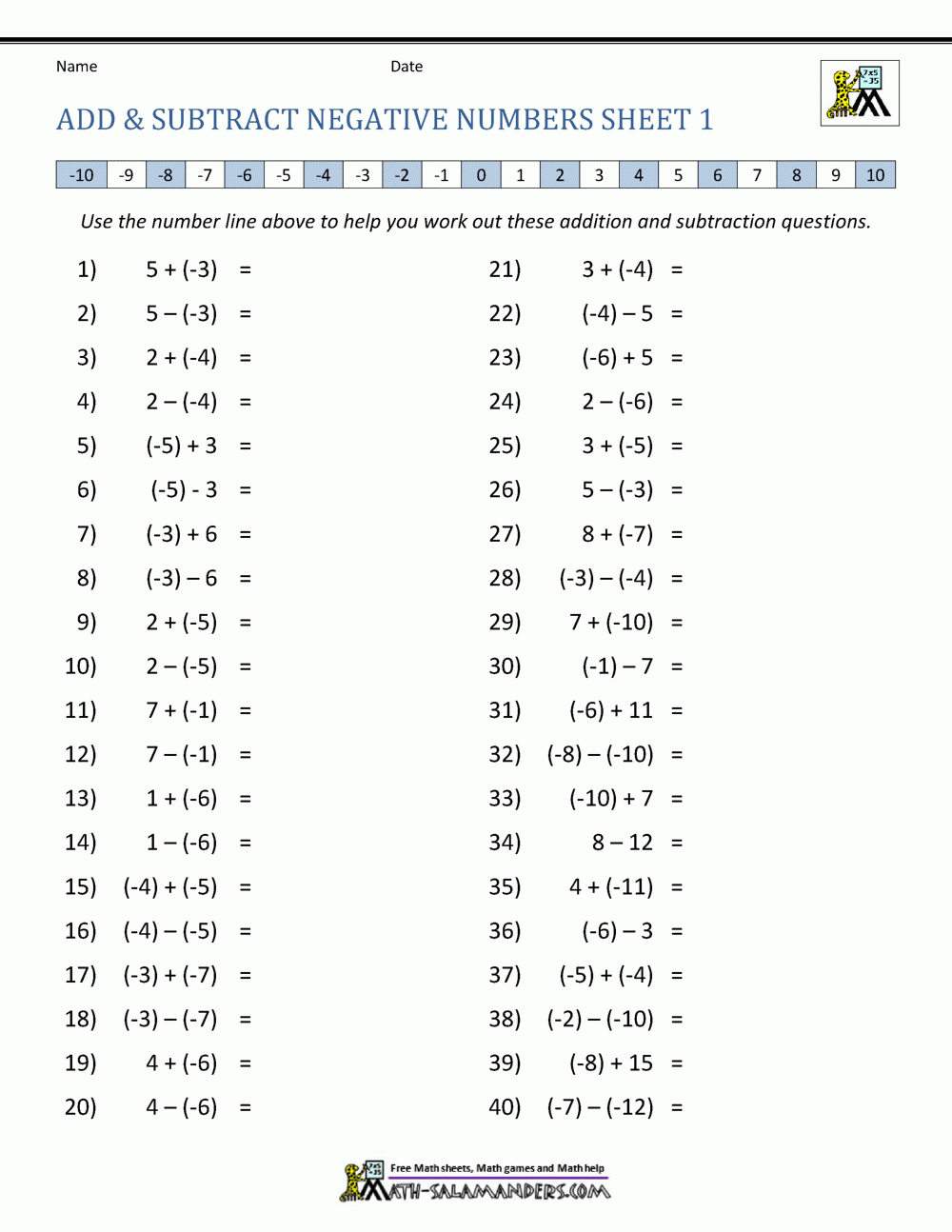 Adding And Subtracting Negative Numbers Worksheet Pdf