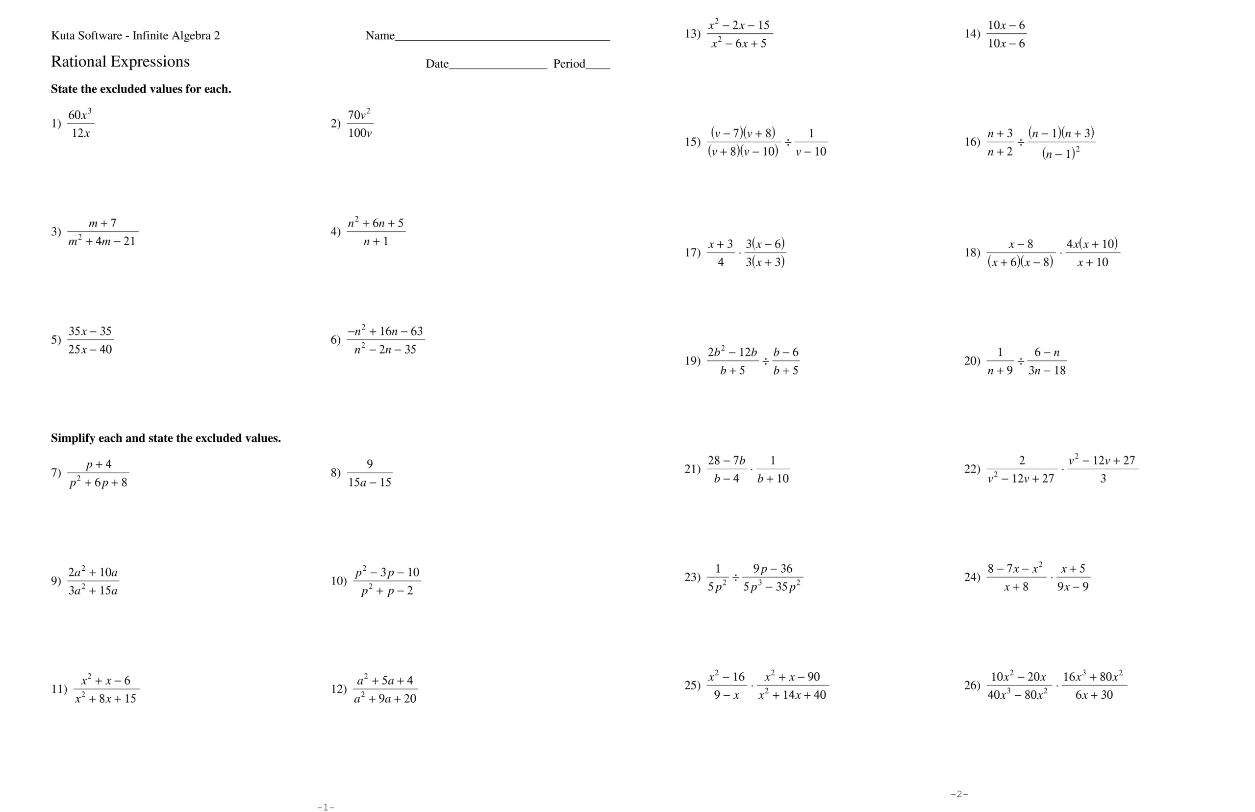 Adding And Subtracting Rational Expressions Worksheet