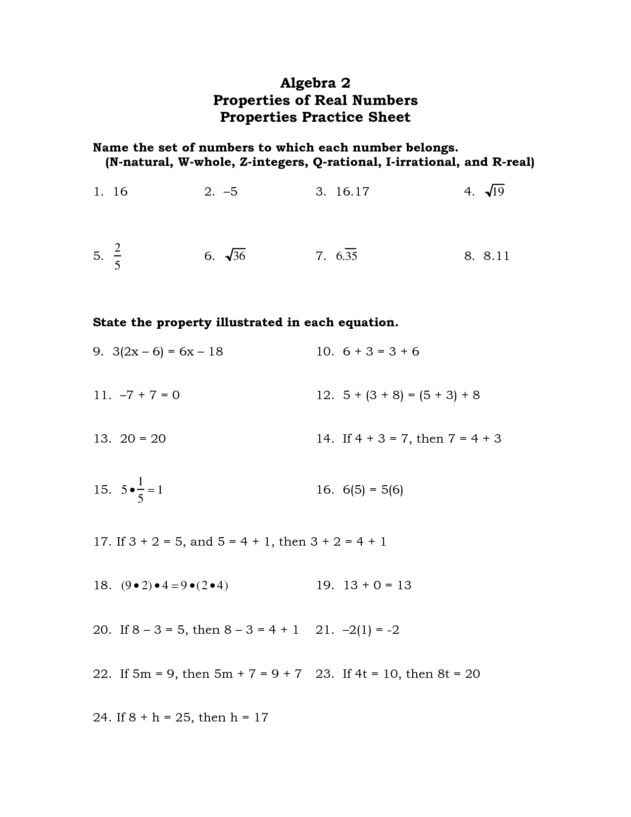 Algebra 1 Properties Of Real Numbers Worksheet Algebra