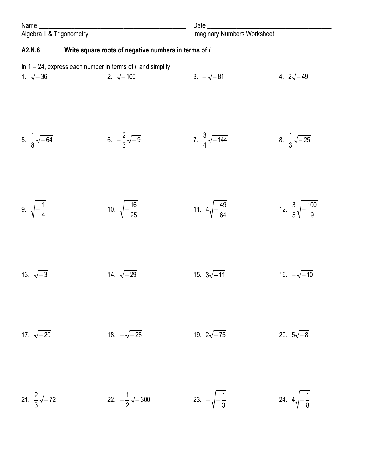 Algebra 2 Simplifying Radicals Imaginary Numbers Worksheet