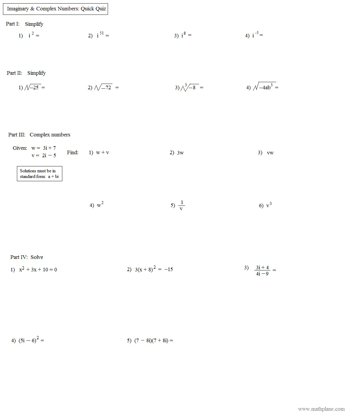 Algebra 2 Simplifying Radicals Imaginary Numbers Worksheet